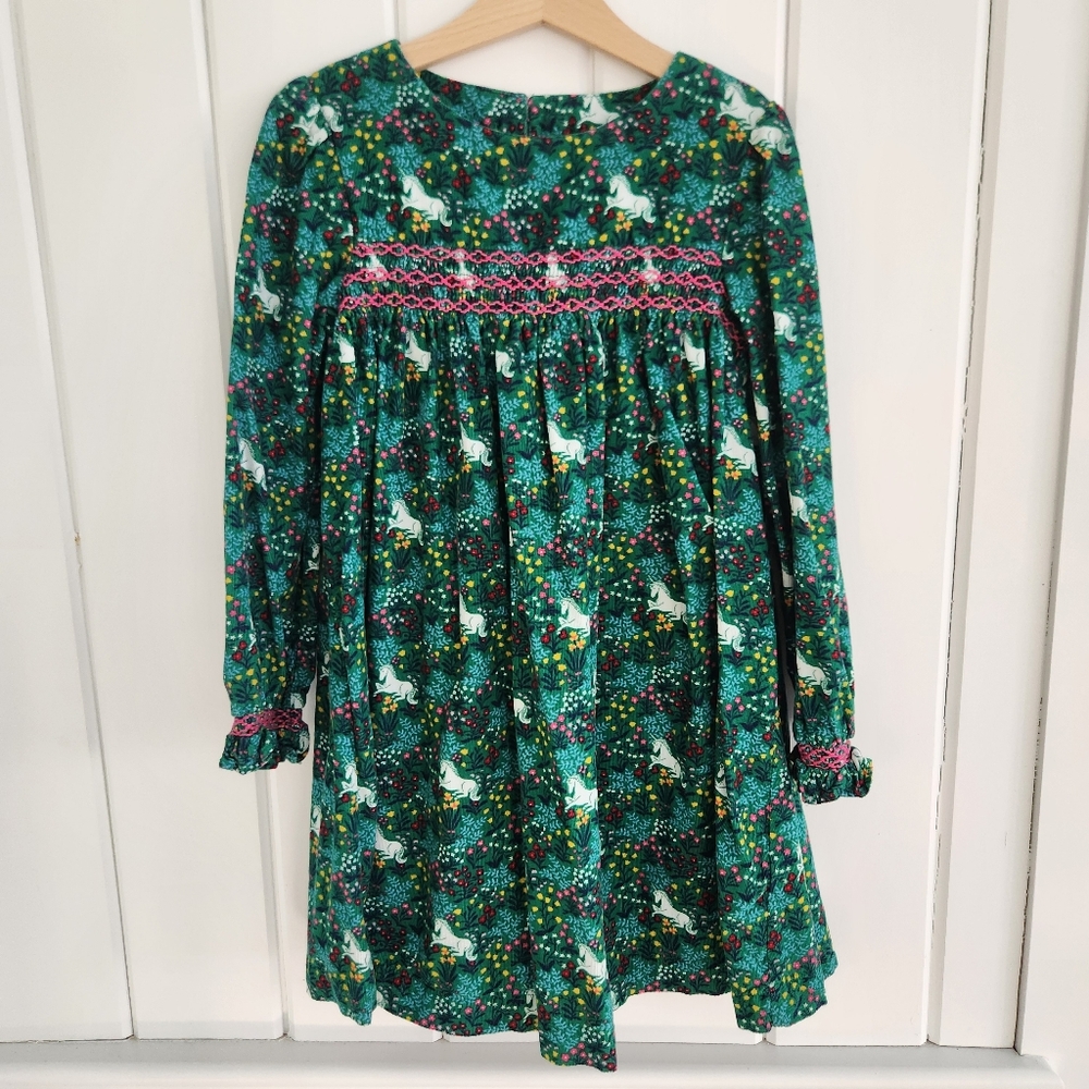 Mini Boden Green Unicorn Smocked Dress 8/9